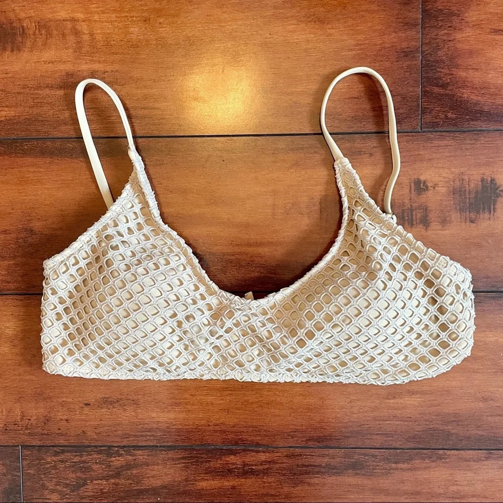 Nude Fishnet Bikini Cheeky High Leg Bottoms Criss Cross Top Size Large - Picture 3 of 14